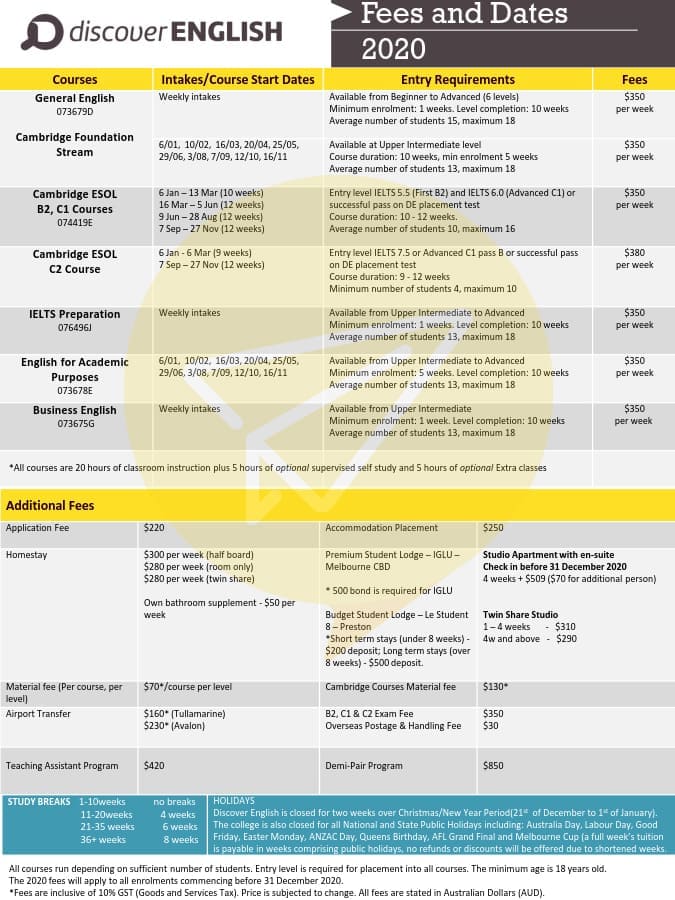 澳洲語言學校-discover english-價格表 澳洲語言學校-discover english-價格表