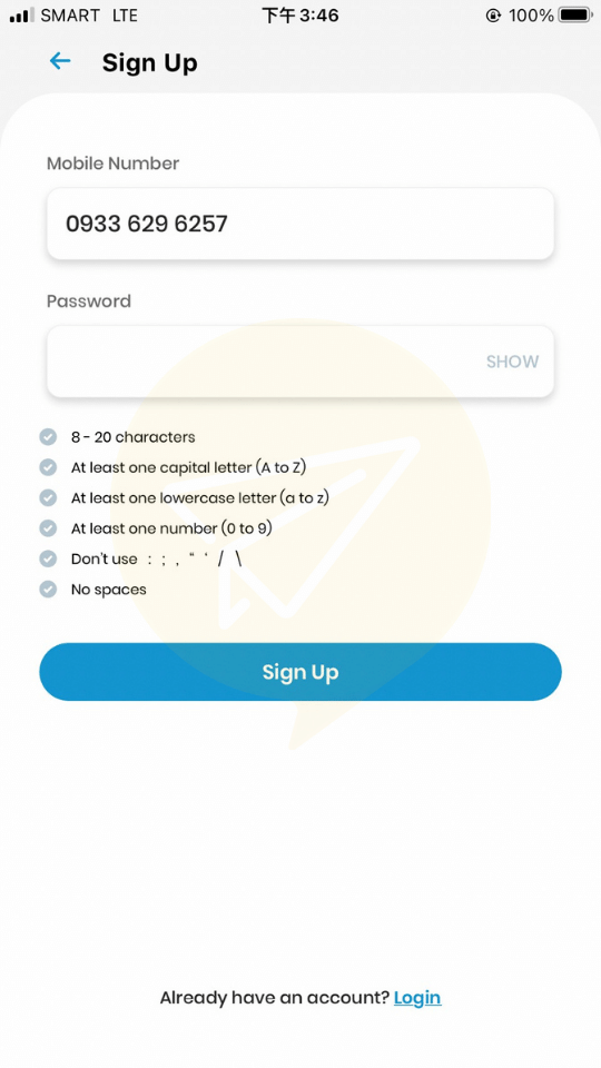 Smart app教學 輸入電話號碼以及自訂密碼後點選Sign Up